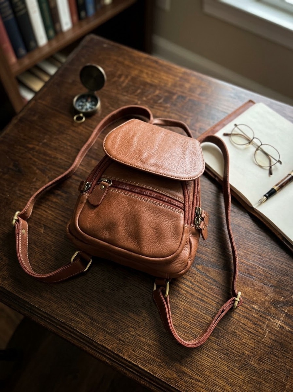 Source Unknown Tan Leather Mini Backpack